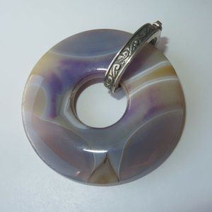 HUGE Purple Gray Striped Agate Sterling Silver Donut Pendant